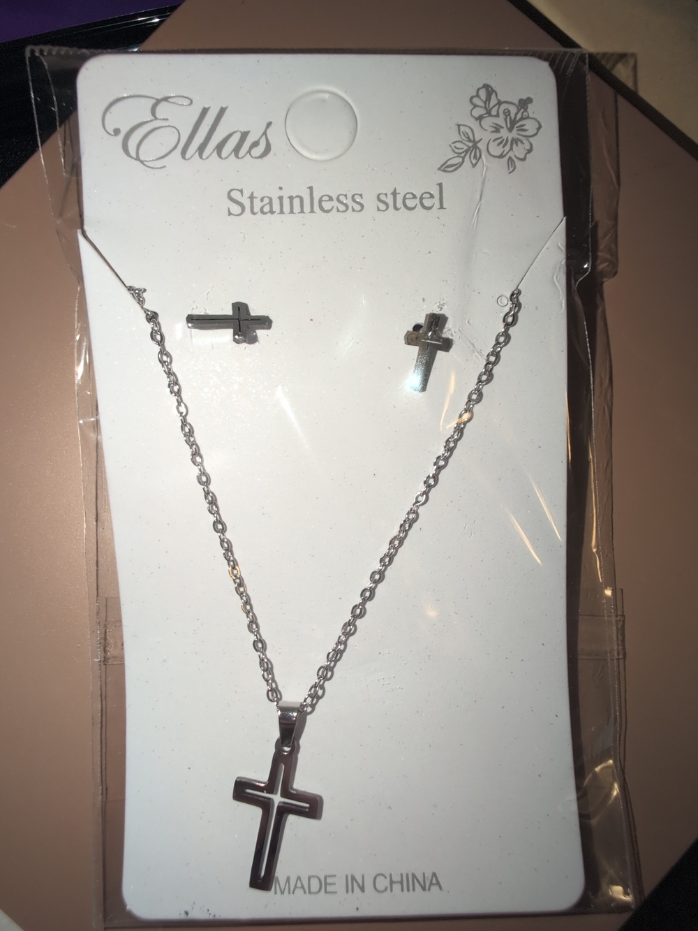 Ellas Stainless Steel Cross Necklace & Earring Set - Silver